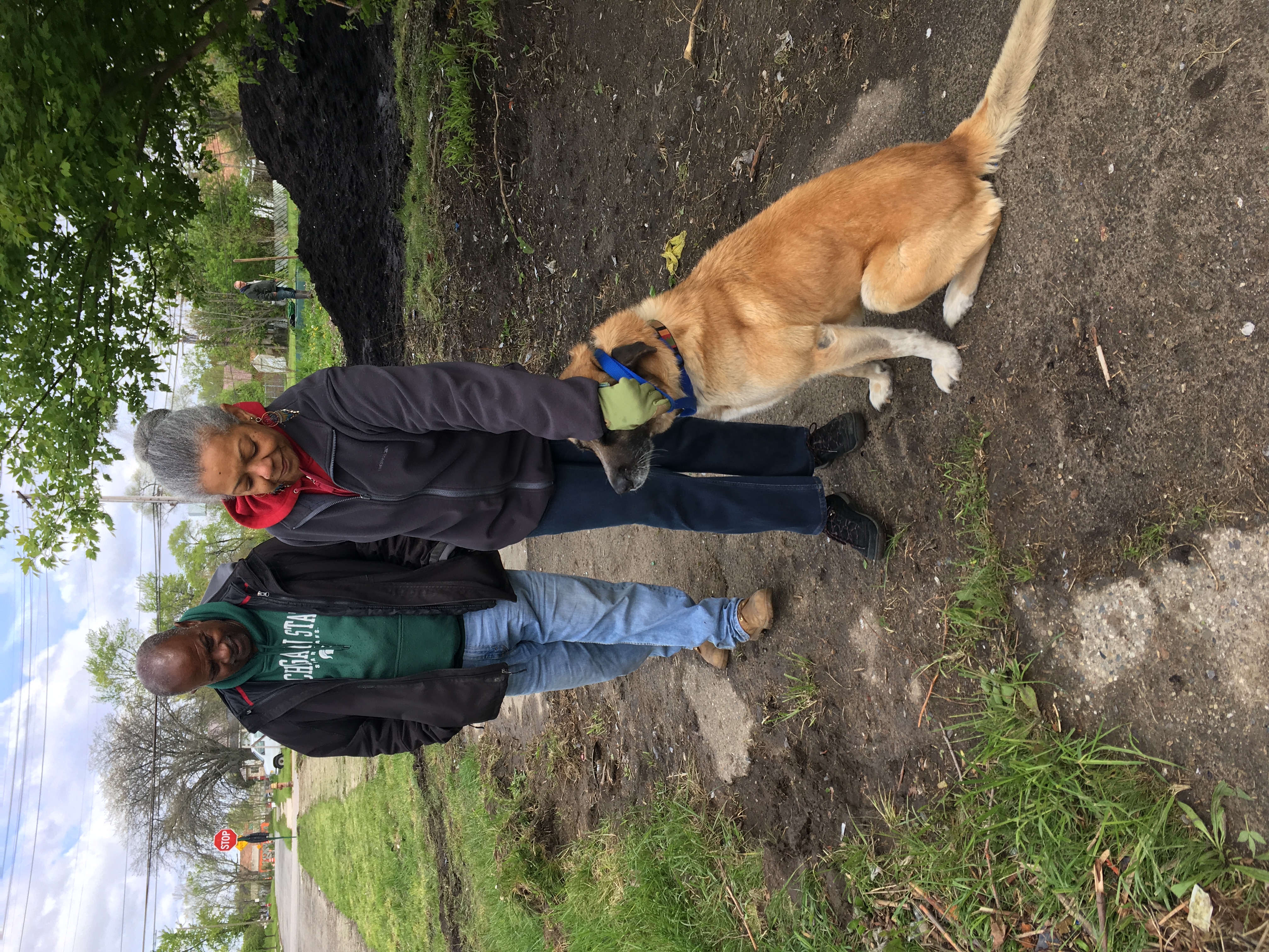 Bill Hebron, owner of Oakland Avenue Urban Farms with a friend who comes to walk her dog in the neighborhood, Phyllis Robinson, former Focus Hope r_0474